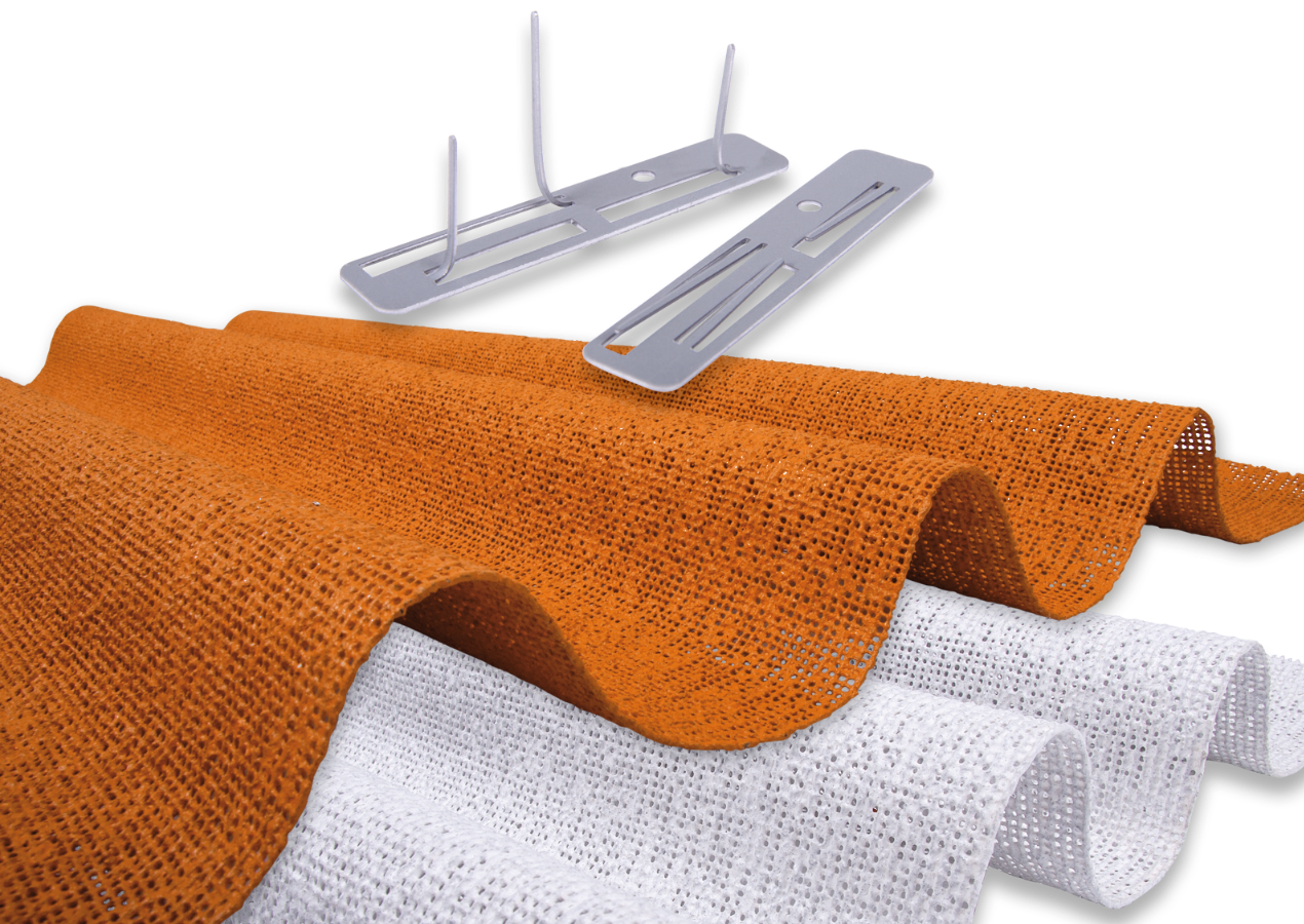 Brandschutzgewebe Orange und Grau mit Klammern
